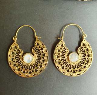 Moonstone & Brass Hoop Earrings Ethnic, rustic, yoga, hippie, gypsy, pretty, psy, boho, bohemian, festival