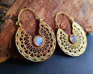 Moonstone & Brass Hoop Earrings Ethnic, rustic, yoga, hippie, gypsy, pretty, psy, boho, bohemian, festival