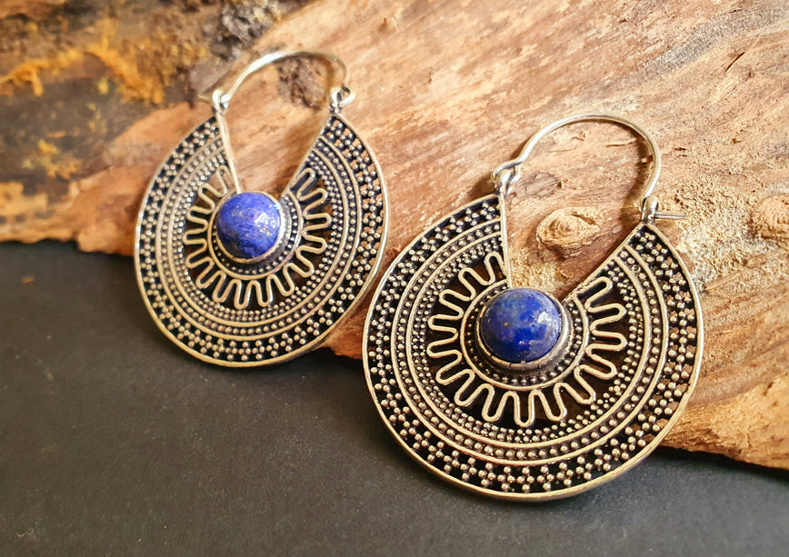 Lapis Lazuli & Silver Hoop Earrings Ethnic, rustic, yoga, hippie, gypsy, pretty, psy, boho, bohemian, festival