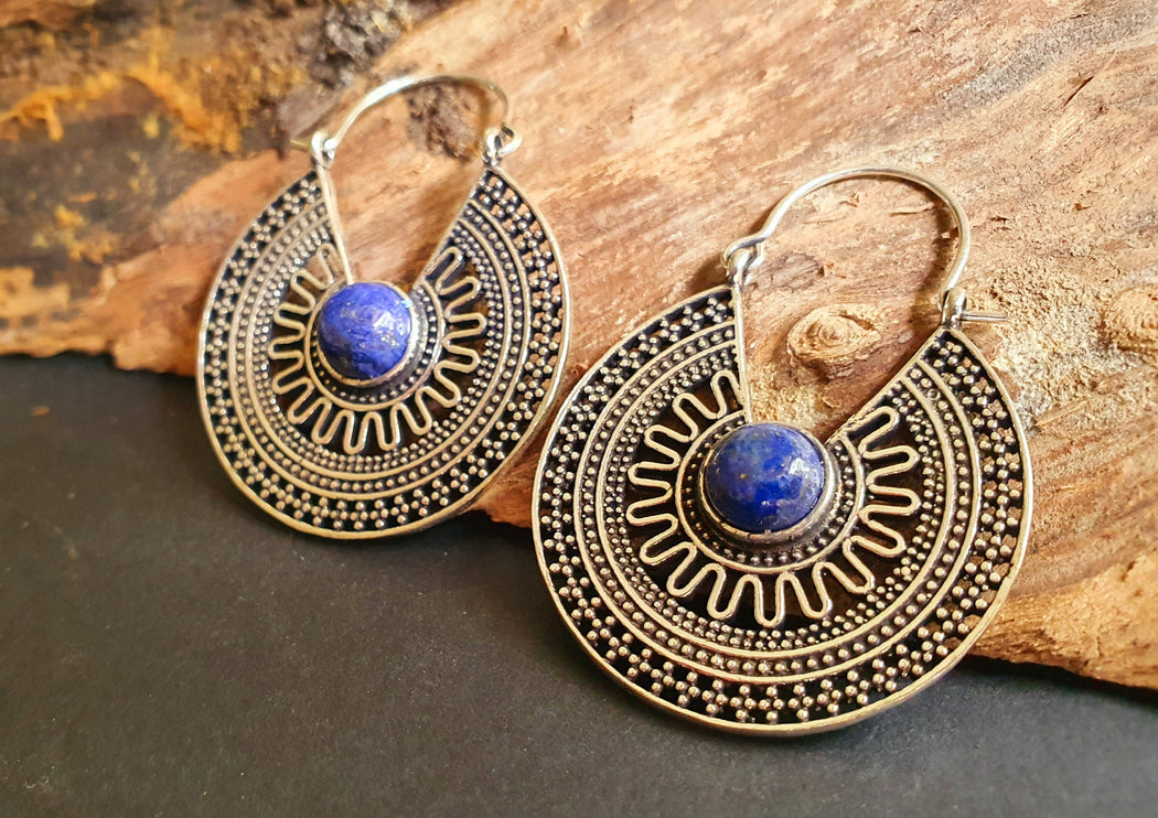 Lapis Lazuli & Silver Hoop Earrings Ethnic, rustic, yoga, hippie, gypsy, pretty, psy, boho, bohemian, festival