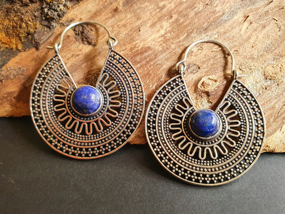 Lapis Lazuli & Silver Hoop Earrings Ethnic, rustic, yoga, hippie, gypsy, pretty, psy, boho, bohemian, festival