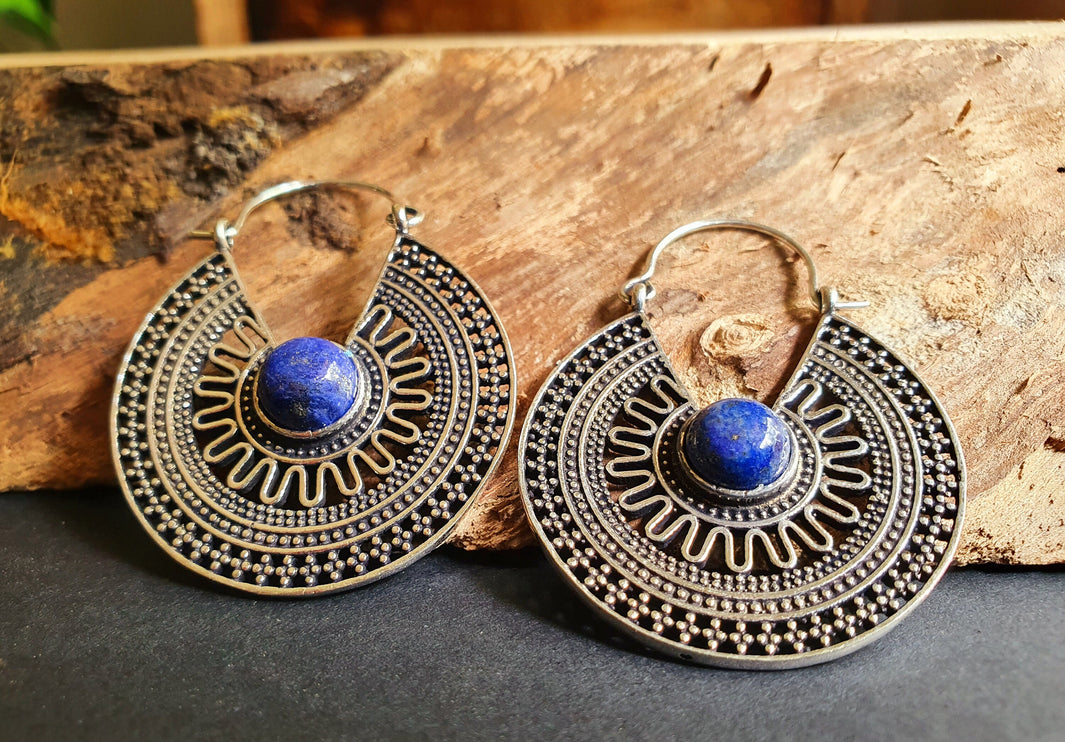 Lapis Lazuli & Silver Hoop Earrings Ethnic, rustic, yoga, hippie, gypsy, pretty, psy, boho, bohemian, festival