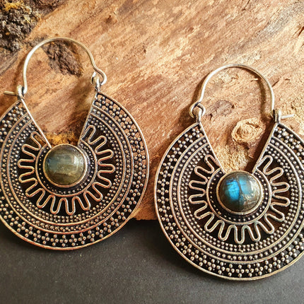 Labradorite Silver Hoop Earrings Ethnic, rustic, yoga, hippie, gypsy, pretty, psy, boho, bohemian, festival