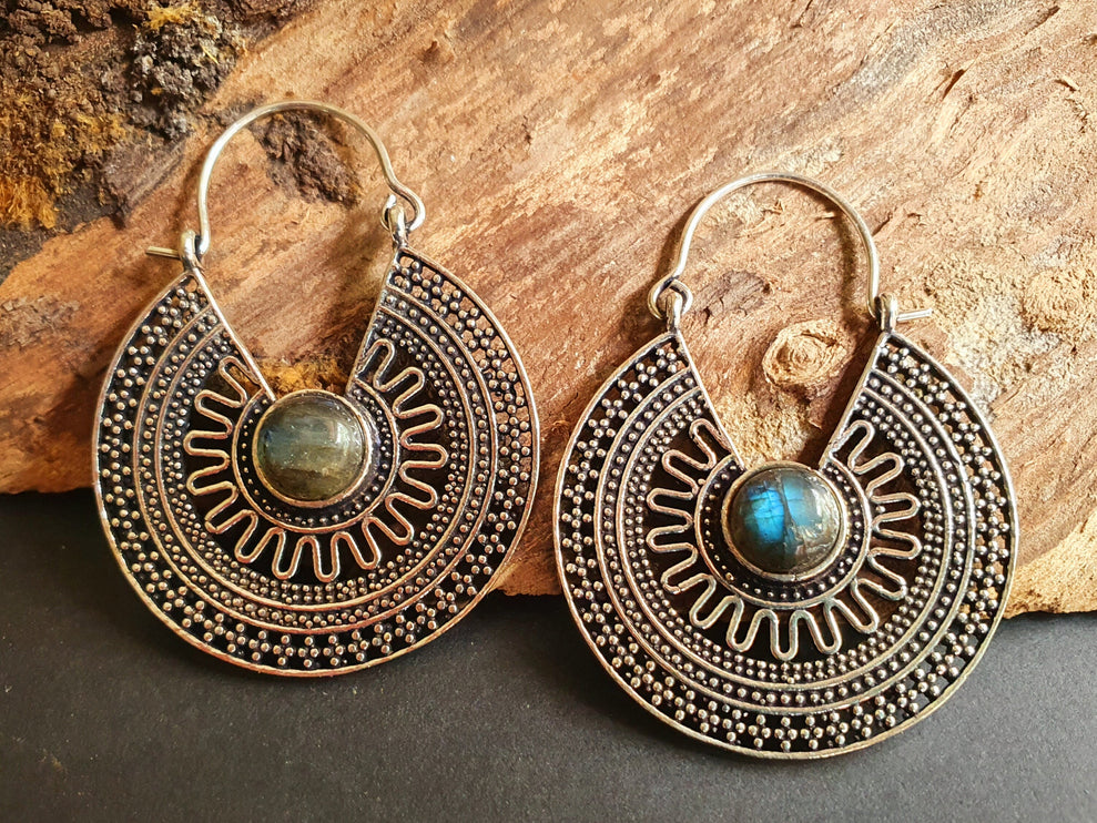 Labradorite Silver Hoop Earrings Ethnic, rustic, yoga, hippie, gypsy, pretty, psy, boho, bohemian, festival