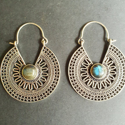 Labradorite Silver Hoop Earrings Ethnic, rustic, yoga, hippie, gypsy, pretty, psy, boho, bohemian, festival