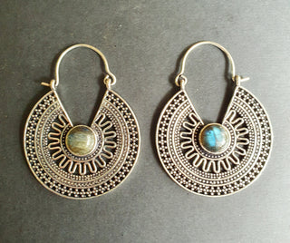 Labradorite Silver Hoop Earrings Ethnic, rustic, yoga, hippie, gypsy, pretty, psy, boho, bohemian, festival