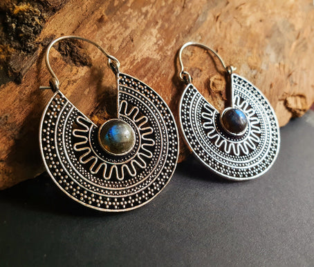 Labradorite Silver Hoop Earrings Ethnic, rustic, yoga, hippie, gypsy, pretty, psy, boho, bohemian, festival