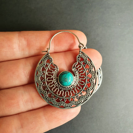 Turquoise Silver Hoop Earrings Ethnic, rustic, yoga, hippie, gypsy, pretty, psy, boho, bohemian, festival