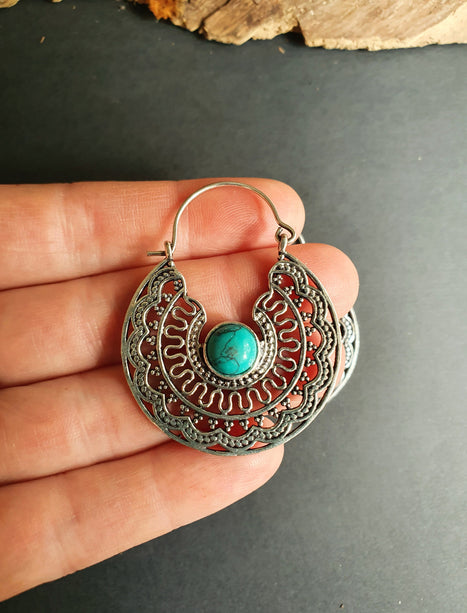 Turquoise Silver Hoop Earrings Ethnic, rustic, yoga, hippie, gypsy, pretty, psy, boho, bohemian, festival