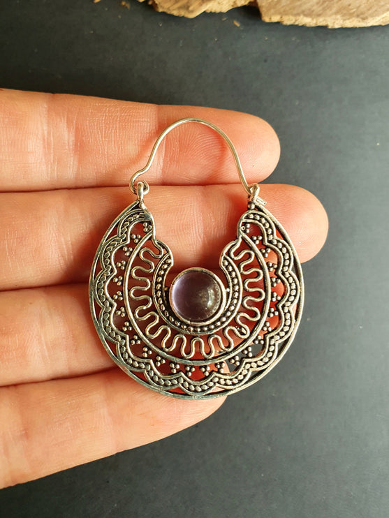 Amethyst & Silver Hoop Earrings Ethnic, rustic, yoga, hippie, gypsy, pretty, psy, boho, bohemian, festival