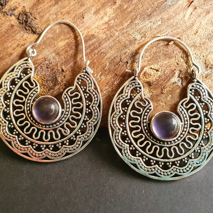 Amethyst & Silver Hoop Earrings Ethnic, rustic, yoga, hippie, gypsy, pretty, psy, boho, bohemian, festival