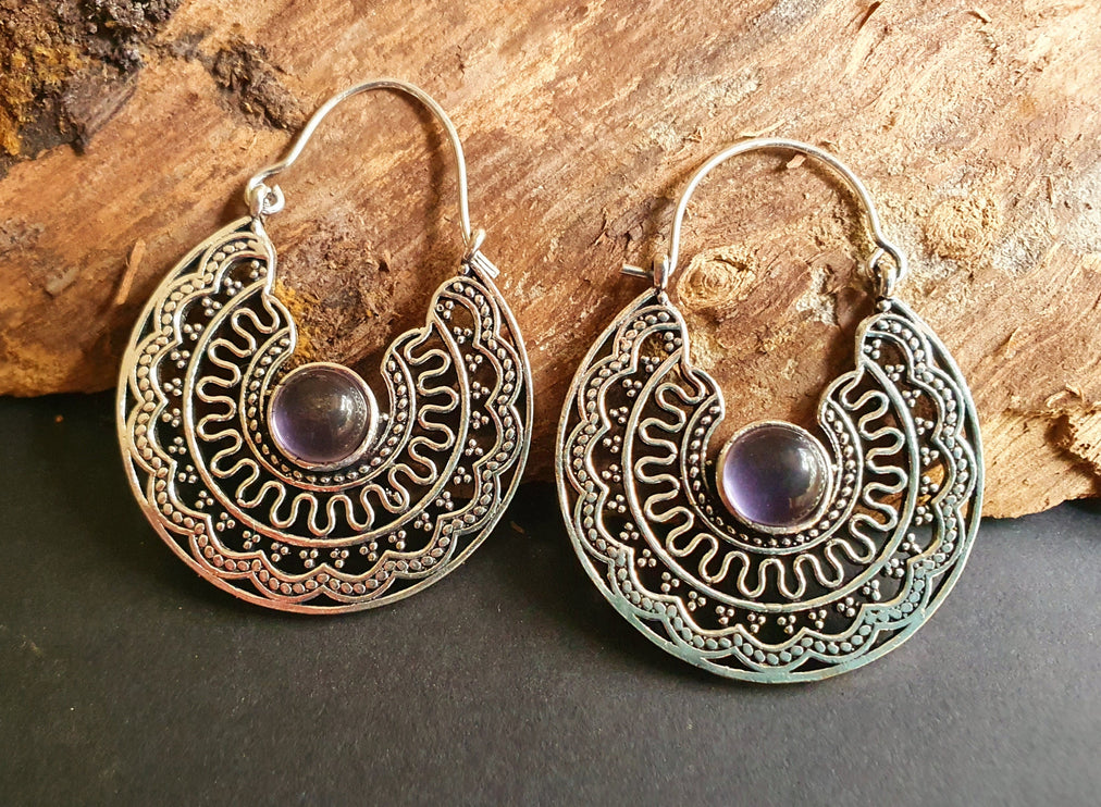 Amethyst & Silver Hoop Earrings Ethnic, rustic, yoga, hippie, gypsy, pretty, psy, boho, bohemian, festival