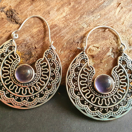 Amethyst & Silver Hoop Earrings Ethnic, rustic, yoga, hippie, gypsy, pretty, psy, boho, bohemian, festival