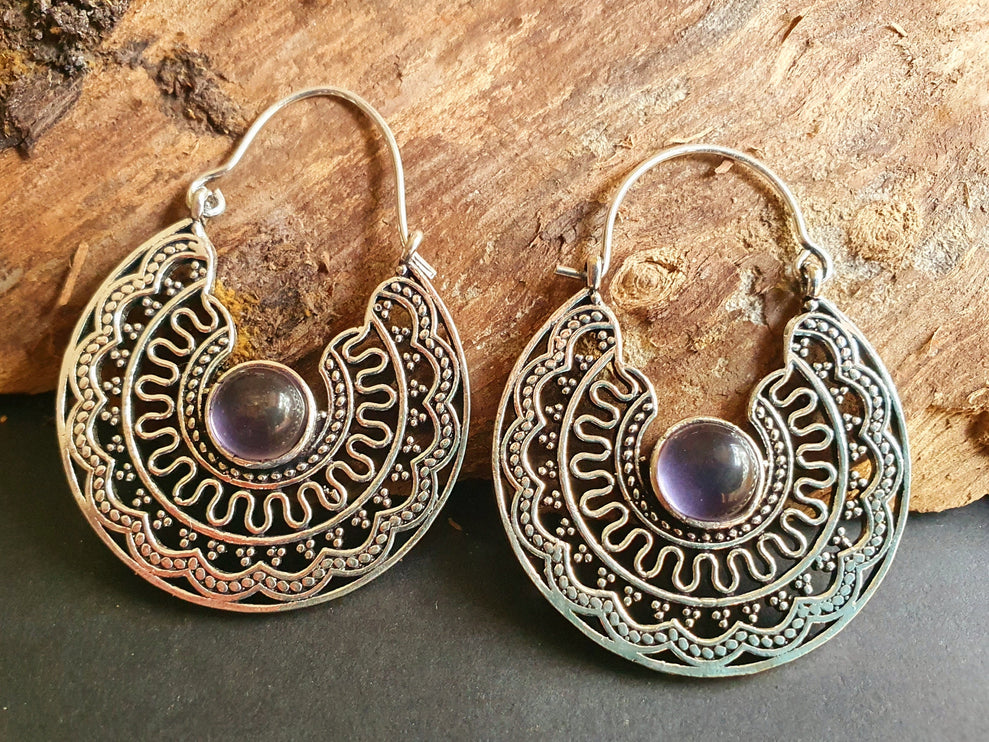 Amethyst & Silver Hoop Earrings Ethnic, rustic, yoga, hippie, gypsy, pretty, psy, boho, bohemian, festival