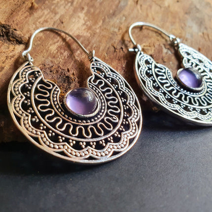 Amethyst & Silver Hoop Earrings Ethnic, rustic, yoga, hippie, gypsy, pretty, psy, boho, bohemian, festival