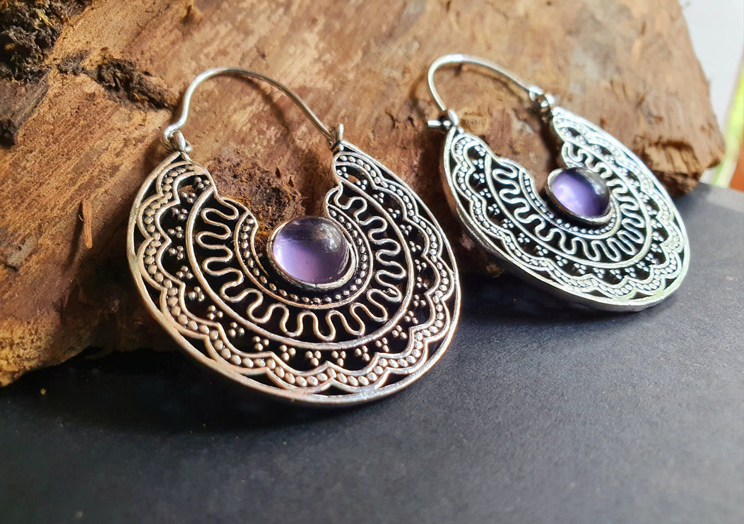 Amethyst & Silver Hoop Earrings Ethnic, rustic, yoga, hippie, gypsy, pretty, psy, boho, bohemian, festival