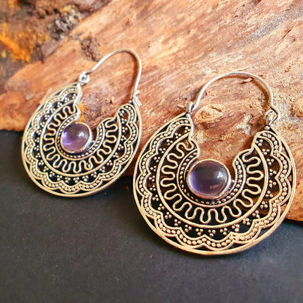 Amethyst & Silver Hoop Earrings Ethnic, rustic, yoga, hippie, gypsy, pretty, psy, boho, bohemian, festival