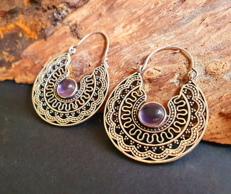 Amethyst & Silver Hoop Earrings Ethnic, rustic, yoga, hippie, gypsy, pretty, psy, boho, bohemian, festival