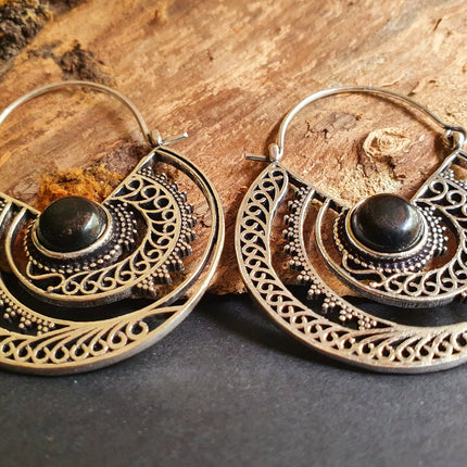 Black Onyx & Silver Hoop Earrings Ethnic, rustic, yoga, hippie, gypsy, pretty, psy, boho, bohemian, festival