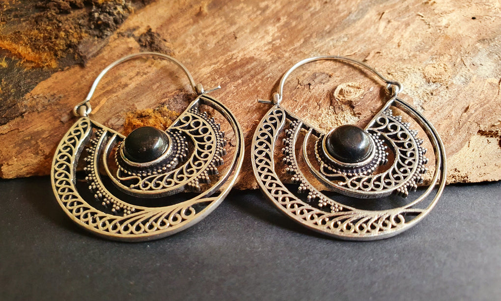Black Onyx & Silver Hoop Earrings Ethnic, rustic, yoga, hippie, gypsy, pretty, psy, boho, bohemian, festival