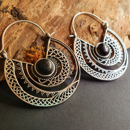 Black Onyx & Silver Hoop Earrings Ethnic, rustic, yoga, hippie, gypsy, pretty, psy, boho, bohemian, festival