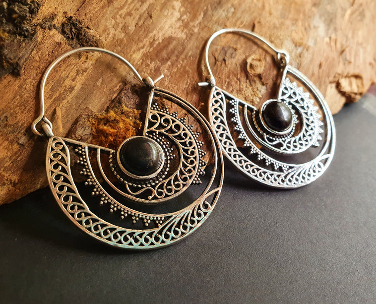 Black Onyx & Silver Hoop Earrings Ethnic, rustic, yoga, hippie, gypsy, pretty, psy, boho, bohemian, festival