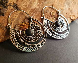 Black Onyx & Silver Hoop Earrings Ethnic, rustic, yoga, hippie, gypsy, pretty, psy, boho, bohemian, festival