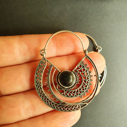 Black Onyx & Silver Hoop Earrings Ethnic, rustic, yoga, hippie, gypsy, pretty, psy, boho, bohemian, festival
