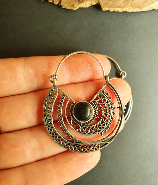 Black Onyx & Silver Hoop Earrings Ethnic, rustic, yoga, hippie, gypsy, pretty, psy, boho, bohemian, festival