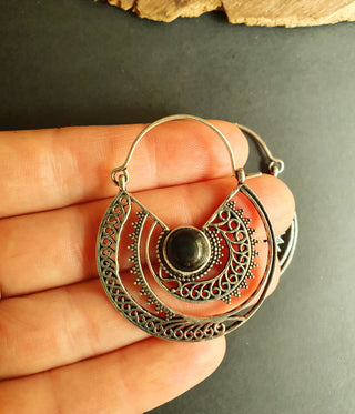 Black Onyx & Silver Hoop Earrings Ethnic, rustic, yoga, hippie, gypsy, pretty, psy, boho, bohemian, festival