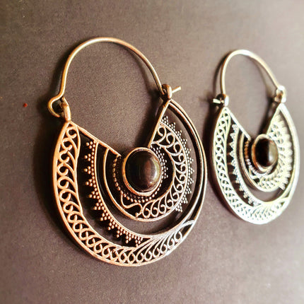 Black Onyx & Silver Hoop Earrings Ethnic, rustic, yoga, hippie, gypsy, pretty, psy, boho, bohemian, festival