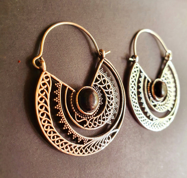 Black Onyx & Silver Hoop Earrings Ethnic, rustic, yoga, hippie, gypsy, pretty, psy, boho, bohemian, festival