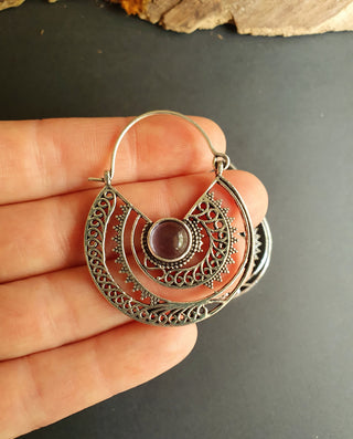 Amethyst & Silver Hoop Earrings Ethnic, rustic, yoga, hippie, gypsy, pretty, psy, boho, bohemian, festival