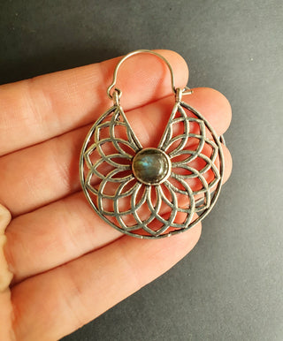 Labradorite Silver Hoop Earrings Ethnic, rustic, yoga, hippie, gypsy, pretty, psy, boho, bohemian, festival