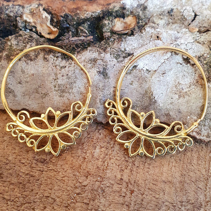 Boho Lotus Flower Golden Hoop Earrings; Ethnic, Geometric, Small, Rustic, Yoga, Hippie, Gypsy, Pretty, Ssy, Boho, Bohemian, Festival