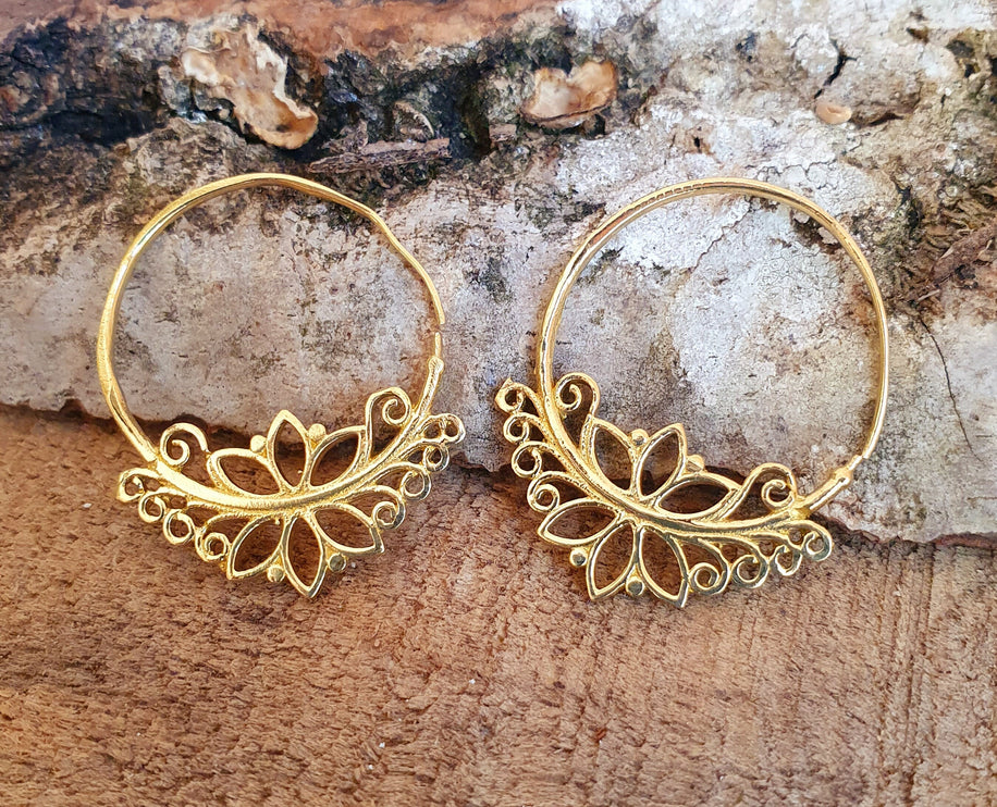 Boho Lotus Flower Golden Hoop Earrings; Ethnic, Geometric, Small, Rustic, Yoga, Hippie, Gypsy, Pretty, Ssy, Boho, Bohemian, Festival