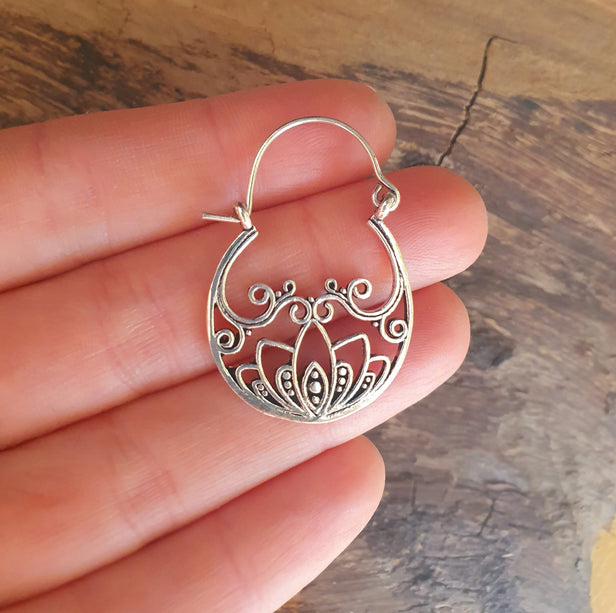 Boho Flower Silver Hoop Earrings; Ethnic, Geometric, Small, Rustic, Yoga, Hippie, Gypsy, Pretty, Ssy, Boho, Bohemian, Festival