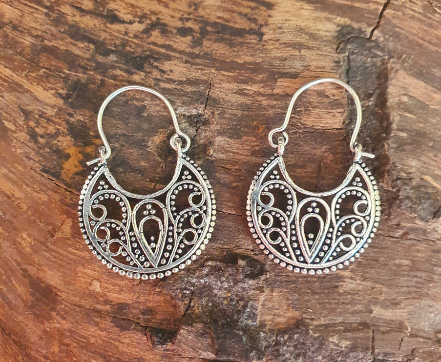 Mini Boho Silver Mandala Flower Earrings; Ethnic, Geometric, Small, Rustic, Yoga, Hippie, Gypsy, Pretty, Ssy, Boho, Bohemian, Festival