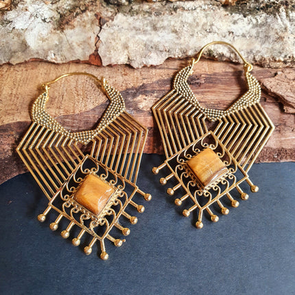 Ethnic Geometric Tiger Eye Brass Earrings / Tribal / Rustic / Yoga / Hippie / Gypsy / Psy / Boho / Bohemian / Festival