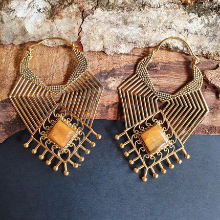 Ethnic Geometric Tiger Eye Brass Earrings / Tribal / Rustic / Yoga / Hippie / Gypsy / Psy / Boho / Bohemian / Festival