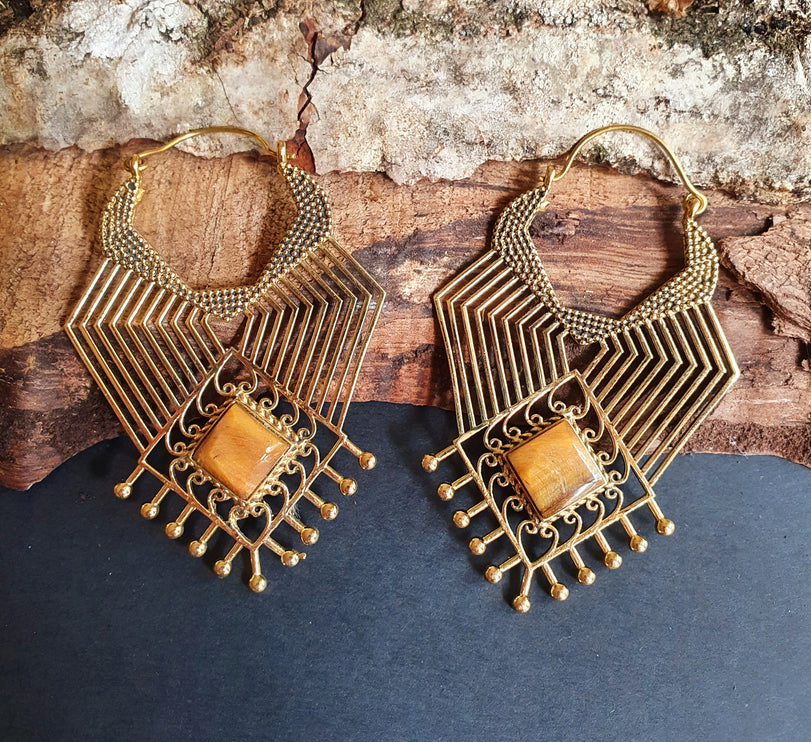 Ethnic Geometric Tiger Eye Brass Earrings / Tribal / Rustic / Yoga / Hippie / Gypsy / Psy / Boho / Bohemian / Festival