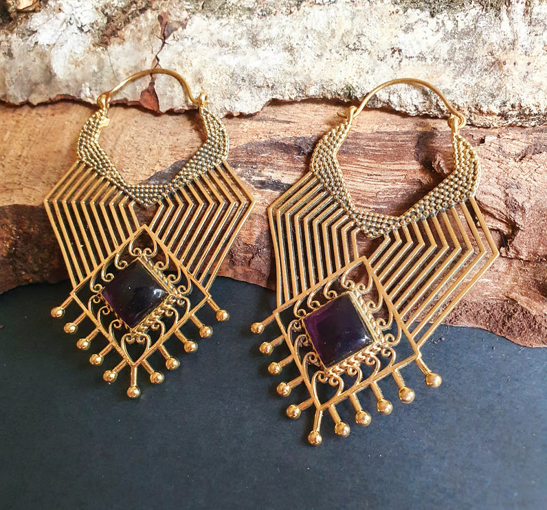 Ethnic Geometric Amethyst Brass Earrings / Tribal / Rustic / Yoga / Hippie / Gypsy / Psy / Boho / Bohemian / Festival