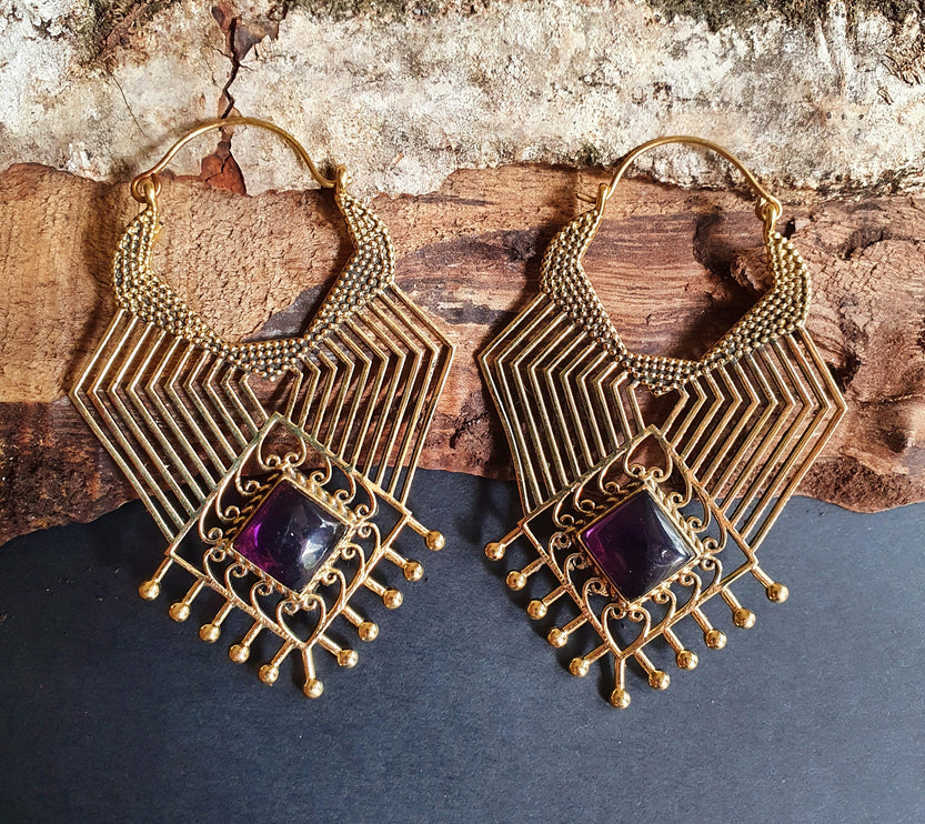 Ethnic Geometric Amethyst Brass Earrings / Tribal / Rustic / Yoga / Hippie / Gypsy / Psy / Boho / Bohemian / Festival