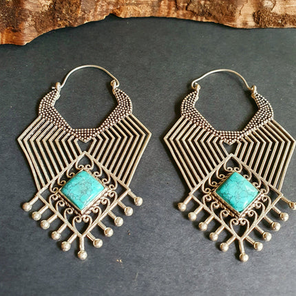 Ethnic Inca Turquoise Silver Earrings / Tribal / Rustic / Yoga / Hippie / Gypsy / Psy / Boho / Bohemian / Festival