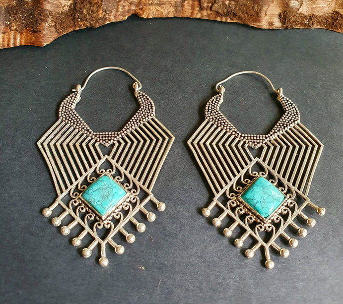 Ethnic Inca Turquoise Silver Earrings / Tribal / Rustic / Yoga / Hippie / Gypsy / Psy / Boho / Bohemian / Festival