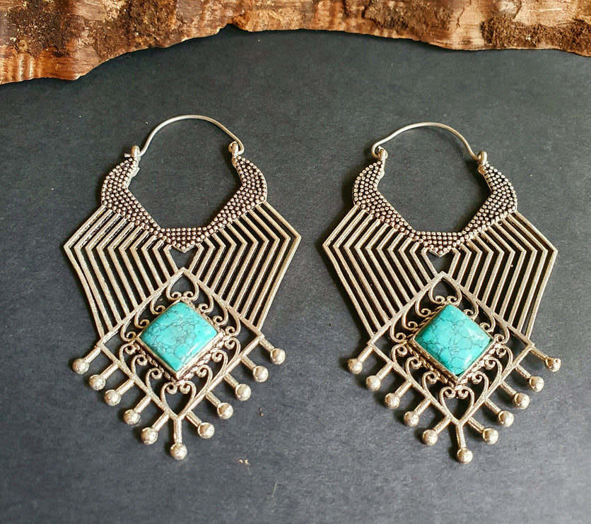 Ethnic Inca Turquoise Silver Earrings / Tribal / Rustic / Yoga / Hippie / Gypsy / Psy / Boho / Bohemian / Festival