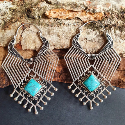 Ethnic Inca Turquoise Silver Earrings / Tribal / Rustic / Yoga / Hippie / Gypsy / Psy / Boho / Bohemian / Festival