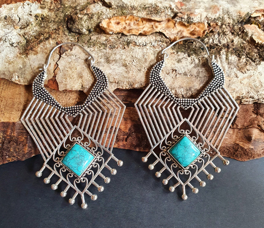 Ethnic Inca Turquoise Silver Earrings / Tribal / Rustic / Yoga / Hippie / Gypsy / Psy / Boho / Bohemian / Festival