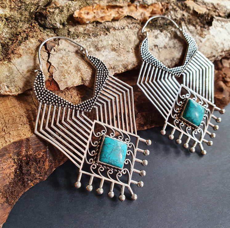 Ethnic Inca Turquoise Silver Earrings / Tribal / Rustic / Yoga / Hippie / Gypsy / Psy / Boho / Bohemian / Festival