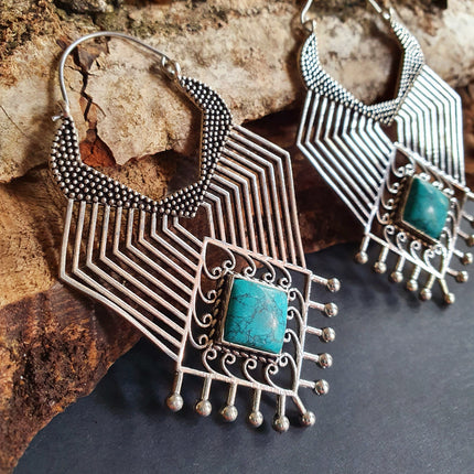 Ethnic Inca Turquoise Silver Earrings / Tribal / Rustic / Yoga / Hippie / Gypsy / Psy / Boho / Bohemian / Festival